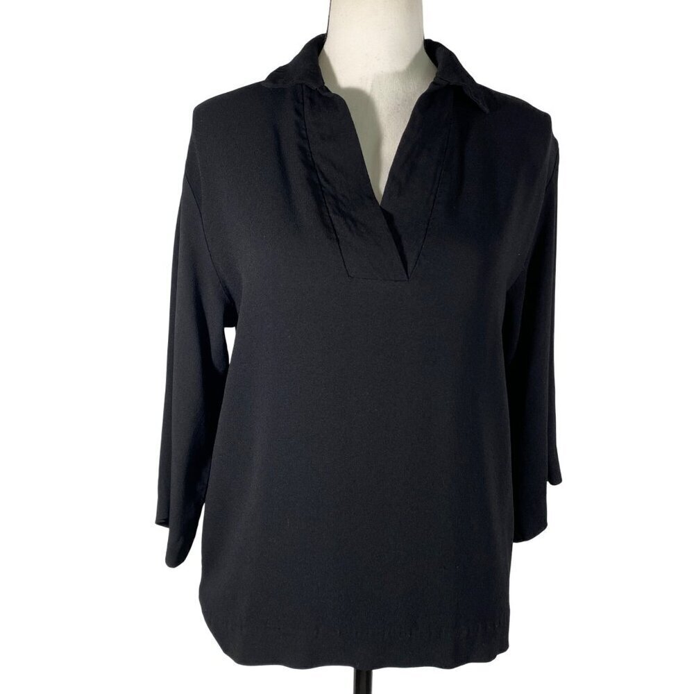 Merrimekko V-neck spread collar minimalist neutral 3/4 sleeve top FR 38 US S